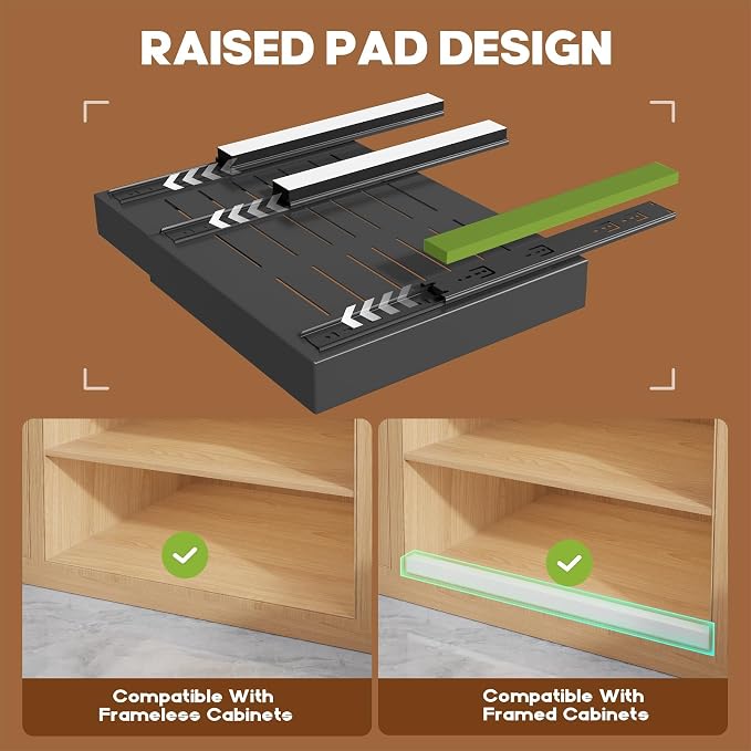 Seinloes 4 Pack Expandable (15.1"-26.3") Pull Out Cabinet Organizer 21" Deep With Raising Pad for Framed Cabinets,Upgrade 3 Slide Rails Slide Out Drawers,No Drill Roll Out Shelves Adhesive,Black - Image 2