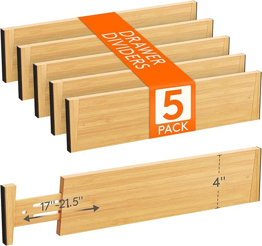 Lifewit 4" High 5 Pack Bamboo Drawer Dividers 43-54cm/17-21.5" Adjustable Wooden Drawer Organizer for Clothes/Utensils, Expandable Drawer Separator for Dresser/Kitchen/Bedroom/Office Organization by Lifewit