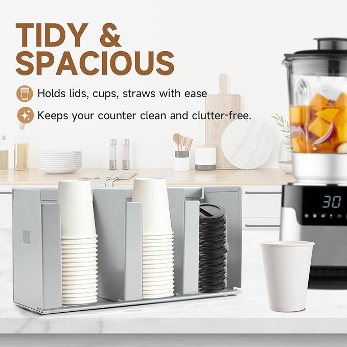 3 Compartments Stainless Steel Cup Dispenser | Adjustable Divider Organizer for Cups and Lids for Kitchen Coffee Bar Restaurant and Office Breakroom - Image 4