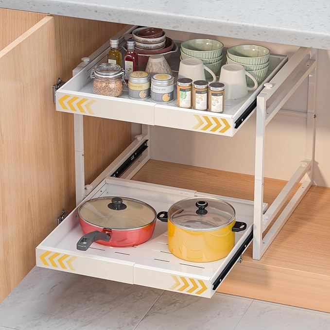 2 Tier Pull Out Cabinet Organizer, 21 inch Depth Slide Out Shelves | Expandable 14"-22.5" Wide, Heavy-Duty Cabinet Drawers for Kitchen Pots, Pans & Pantry Storage, White by REALINN