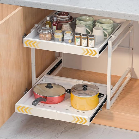 2 Tier Pull Out Cabinet Organizer, 21 inch Depth Slide Out Shelves | Expandable 14"-22.5" Wide, Heavy-Duty Cabinet Drawers for Kitchen Pots, Pans & Pantry Storage, White by REALINN