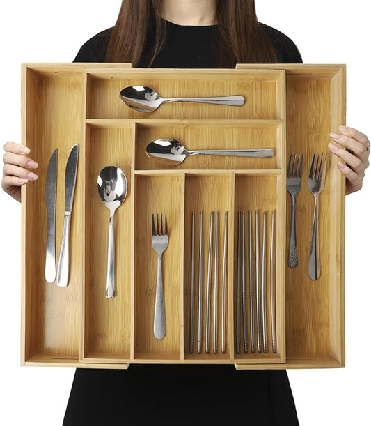BAMOTTO CRAFTBAMBOO Expandable Bamboo Drawer Organizer for Kitchen, 8 Slot | Silverware & Cutlery Tray | Utensil Holder | 12.8"–20" Adjustable | Office & Bathroom | Flatware Organizer by BAMOTTOCRAFTBAMBOO