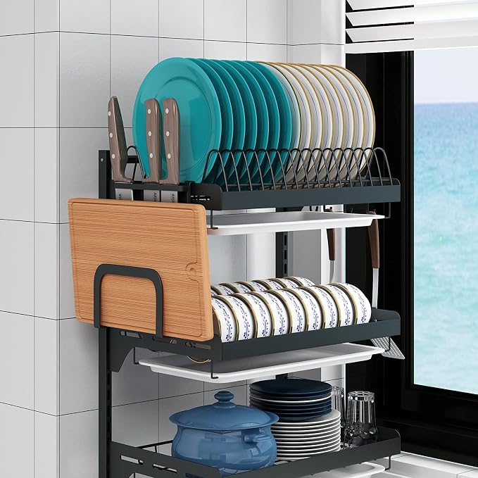 Wall Mounted Stainless Steel Dish Drying Rack Fruit Vegetable Storage Basket with Drainboard and Hanging Chopsticks Cage Knife Holder Kitchen Supplies Shelf Utensils Organizer (3-Tier) - Image 2