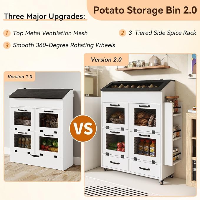 Verano Garden 31.5" Large Potato and Onion Storage Bin on Wheels, Bread Box | Fruit and Vegetable Organizer, Rolling, Side Rack, Flip-top, Mesh Doors, 4-Tier, Grocery Section, Ventilated, Wood, Kitchen - Image 7