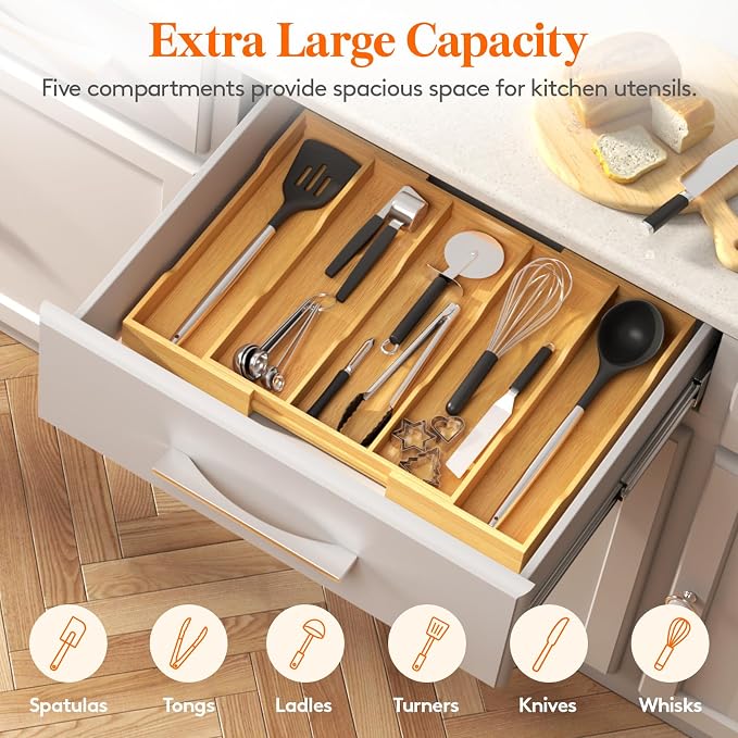 Lifewit Utensil Organizer for Kitchen Drawer, Expandable Cooking Utensil Tray, Cutlery Silverware Flatware Holder, Wood Adjustable Spatula Tools Storage Divider, 12.6-22.8x14/ 32-58x35.6cm, Natural - Image 5