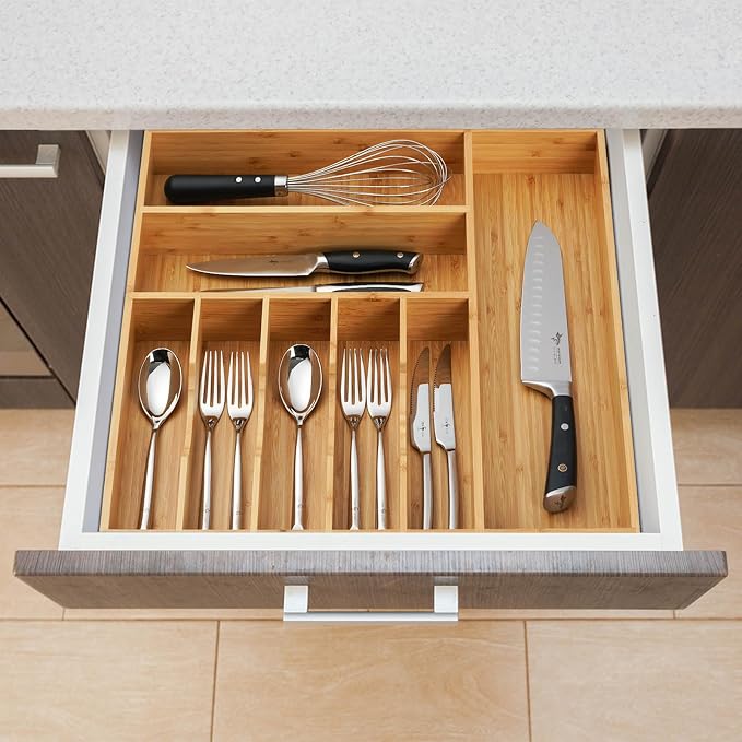Large Kitchen Drawer Organizer, 19"x20" Silverware Utensils Organizer, 2.5" High for Large Deep Drawers, Bamboo Flatware Holder with Thick Frames, Sturdy Kitchen Organization Tray - Image 6