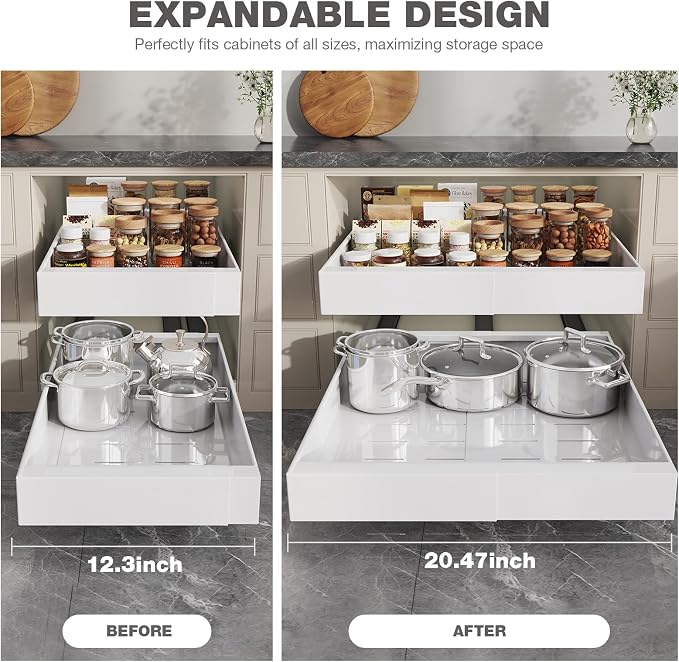 Seinloes 2 Pack Pull Out Cabinet Organizer 24" Deep,Full Extension 3 Slide Rails Slide Out Drawers With Raising Pad for Framed Cabinets,Expandable Width (12.3"-20.5"),No Drill Roll Out shelf,White - Image 8