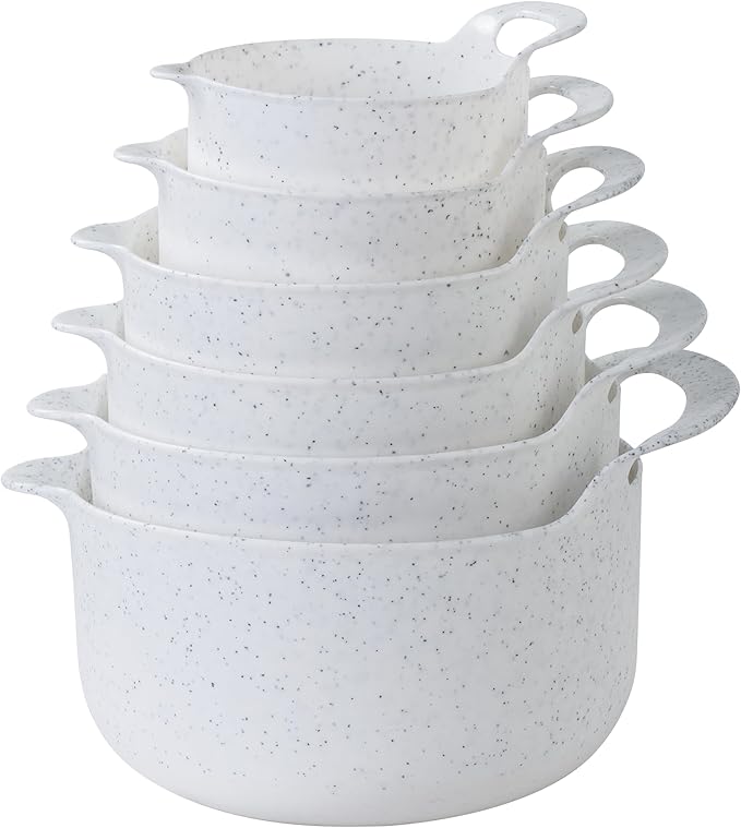 COOK WITH COLOR Nesting Plastic Mixing Bowl Set with Pour Spouts and Handles, Speckled White, 6 Piece Non-Slip by CookwithColor