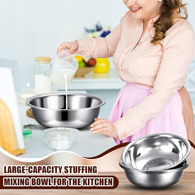 Nuogo 4 Pcs Stainless Steel Mixing Bowls Metal Mixing Bowls Extra Large Basin Salad Basin Deeper Edge Dishwasher Safe Mirror Finish for Home and Commercial, Silver (13 Inch 8 Qt) - Image 3