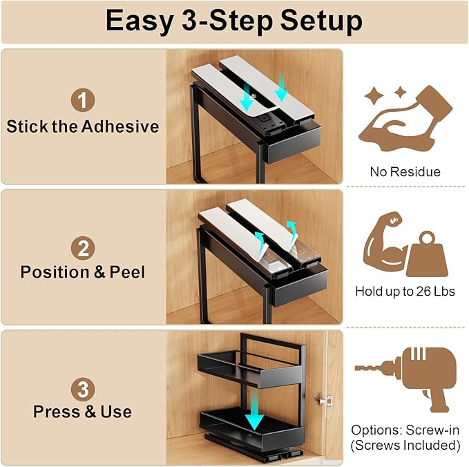 Pull Out Spice Rack - 2 Pack Spice Organizer for Cabinet | For Flat-Front Cabinets Only, Pull-Out Rotating Access, No-Drill Mount, Keeps Spices Visible Easy to Reach, Adjustable Height - Image 5