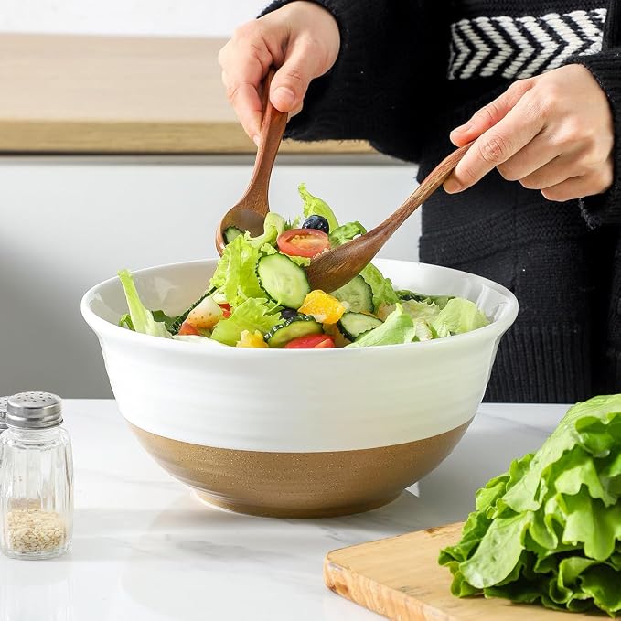 HASENSE Large Ceramic Serving Bowls Set of 2, 84 Oz 9 Inch White & Terracotta Stoneware Mixing Bowls, Farmhouse Bowls for Salad, Baking, Popcorn & Side Dishes, Dishwasher & Microwave Safe - Image 7