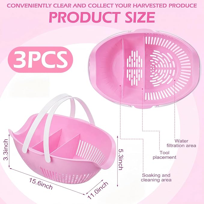 Nuogo 3 Pcs Garden Harvest Basket Removable Partitions with Tool Caddy for Collecting Carrying and Cleaning Harvesting Basket Doubles Colander for Vegetables and Fruits Garden Accessories (Pink) - Image 2