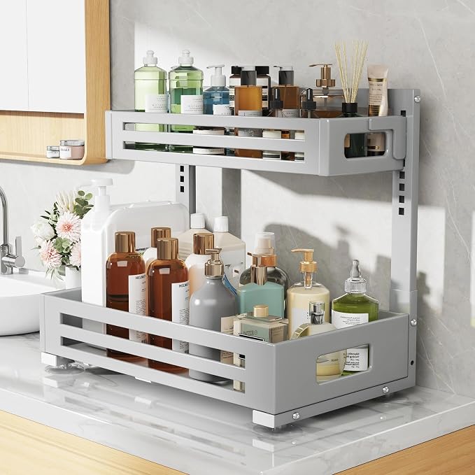 2 Pack 17IN-Depth Under Sink Organizer,Pull Out Cabinet Organizer With Smooth Cylindrical Rail,Metal Slide Out Drawer for Kitchen Bathroom Laundry,8-Level Tool Free Height Adjustable-Gun Gray - Image 5