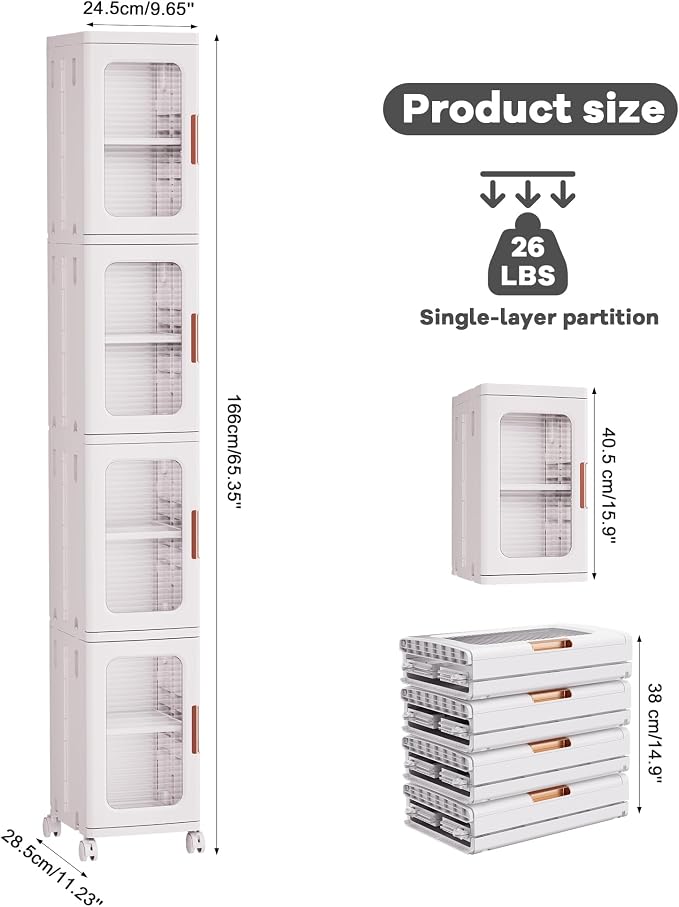 4-Tier Tall Narrow Plastic Storage Cabinet of 2, Foldable | Rolling Organizer with Lid,Doors,Stackable, Adjustable Shelves, Durable PP,Freestanding Bathroom Cabinet for Small Slim Space - Image 2
