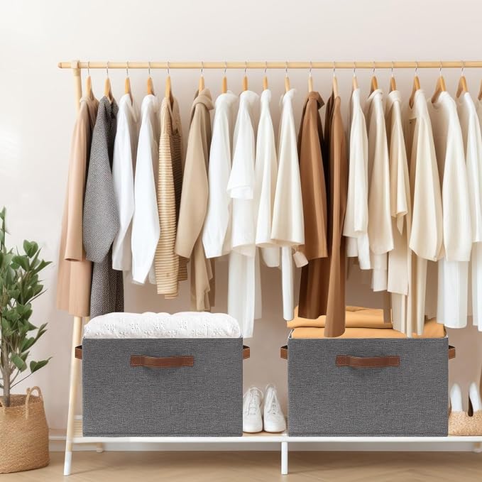 GhvyenntteS Large Fabric Storage Bins with 3 Handles, 15x11x9.6 Inch Storage Baskets for Shelves, Foldable Closet Storage Bins for Shelves, Closet Organizers and Storage Boxes, Gray - Image 4