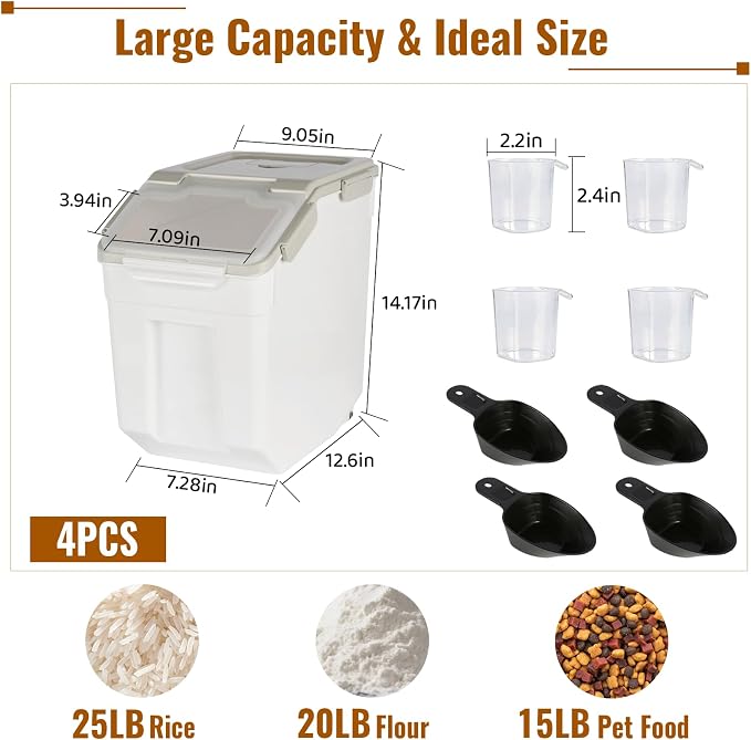 4 Pack Rice Container 25 lbs Large Bulk Flour Sugar Storage Holdhouse Plastic Grain Cereal Dry Goods Bin with Spoon and Measuring Cup for Kitchen Pantry Organization - Grey - Image 2