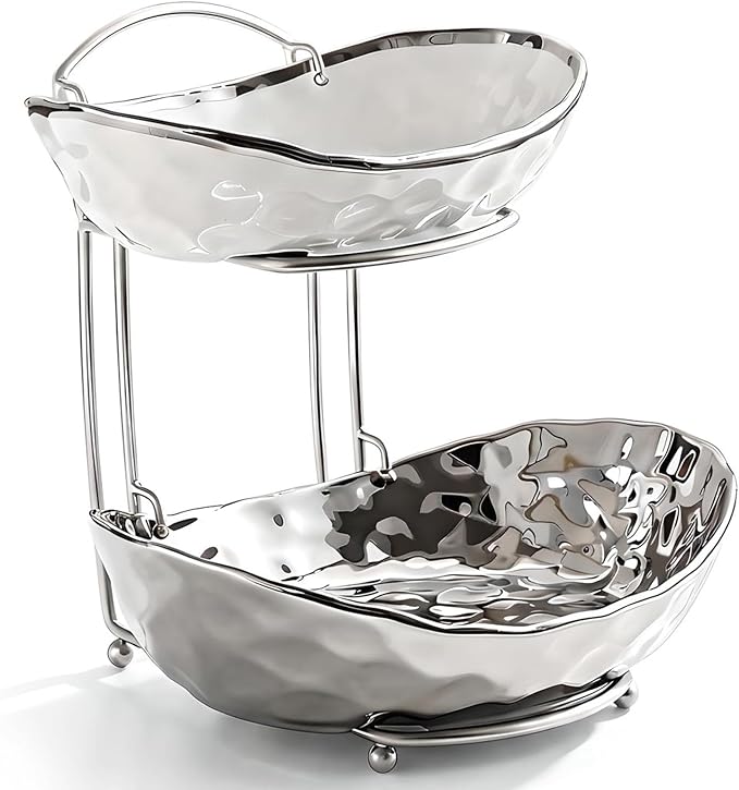 XUDREZ 2 Tier/ 3 Tier Fruit Bowl with Metal Stand for Kitchen Counter, Ceramic Gold Silver White, Portable Tiered Fruit Basket Fruit Rack for Nuts, Snacks, Bread, Candy Storage (Silver B, 2 Tier) by XUDREZ