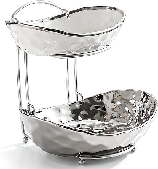 XUDREZ 2 Tier/ 3 Tier Fruit Bowl with Metal Stand for Kitchen Counter, Ceramic Gold Silver White, Portable Tiered Fruit Basket Fruit Rack for Nuts, Snacks, Bread, Candy Storage (Silver B, 2 Tier) by XUDREZ
