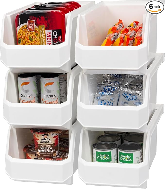 Large Stackable Plastic Storage Bins, 6-Pack, White | Open-Front Stackable Bins For Garage, Pantry, Closet & Office, 14,8"L X 8"W X 7"H, Nests When Empty, Durable Plastic, by Akro-Mils