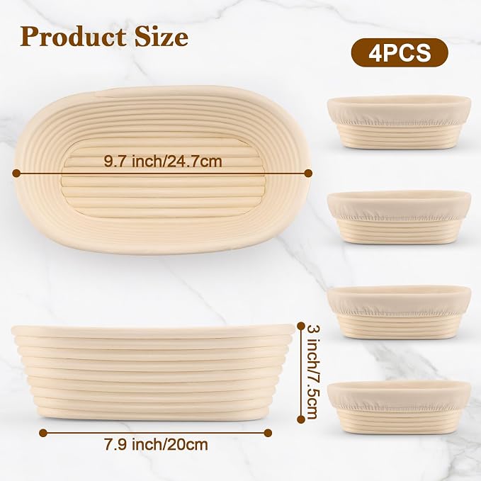 4 Pack 10 Inch Oval Banneton Bread Proofing Basket, Rattan Sourdough Bread Baskets with Liners for Home Baking - Image 4