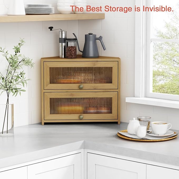 Goozii Corner Bread Box for Kitchen Countertop, Double Layer Bamboo Wood Breadbox for Homemade Bread, 2 Door Roll up Large Bread Storage Container Holder Cabinet for Counter top (Natural Color) - Image 3