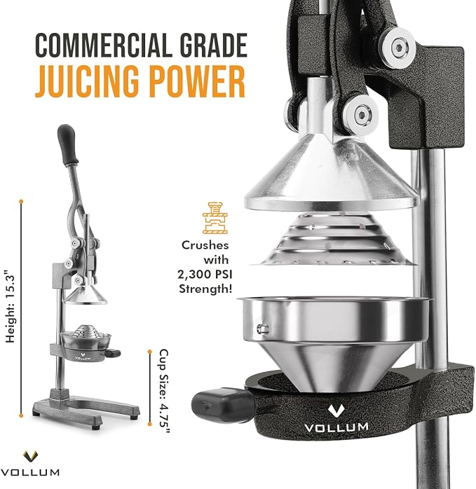 Manual Fruit Juicer,Commercial Grade Home Citrus Lever Squeezer for Oranges, Lemons, Limes, Grapefruits and More,Stainless Steel and Cast Iron,Non-skid Suction Cup Base,15 Inch,Black,by Vollum | Commercial-grade press for oranges, lemons, limes, and gr... - Image 6