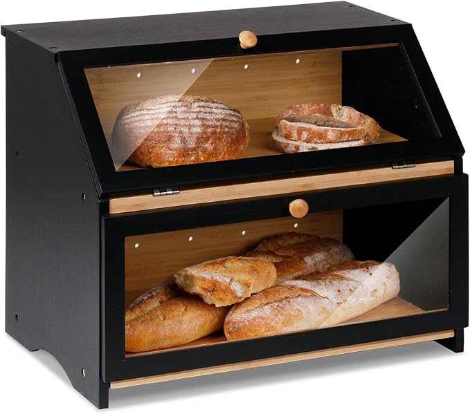 HOMEKOKO Double Layer Wooden Bread Box, Keep Bread Fresh Longer, Black | Keeps Bread Fresh 3-4 Days, Large Capacity Fits 2+ Loaves, Suitable For Home Kitchen Food Storage Use, See-Through Window by HOMEKOKO