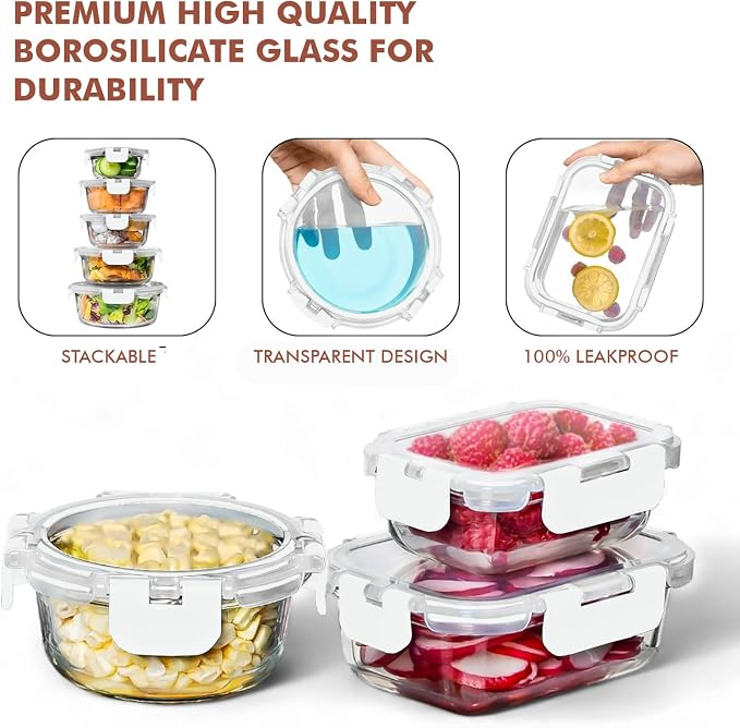 Razab 30 PC Glass Food Storage Containers with Lids - Reusable Glass Meal Prep Containers for Lunch and Leftovers - Airtight & Leakproof Snap Locking Lids - Oven, Freezer, Microwave, Dishwasher Safe - Image 7