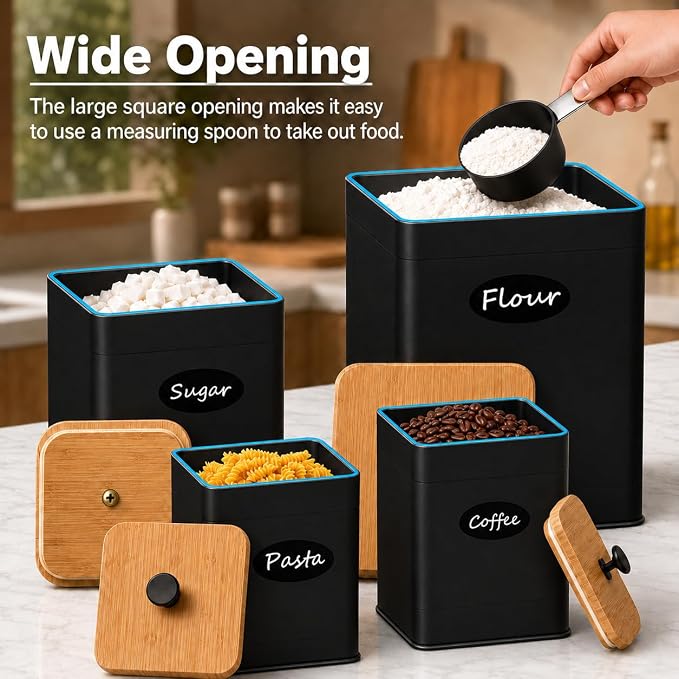 Kitchen Canister Set of 4, Black Airtight Metal Flour Sugar Containers | 4 Practical Capacities, Flat Bamboo Lids, Wide Openings, Reusable Chalkboard Labels & Marker, Countertop and Pantry Organized - Image 6