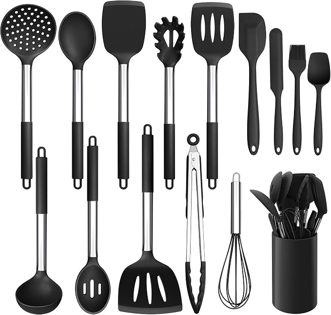 LIANYU 15-Piece Kitchen Cooking Utensils Set with Holder | Silicone Kitchen Tools Stainless Steel Handle, Slotted Spatula Spoon Turner Tong Whisk Brush for Cooking, Black by LIANYU
