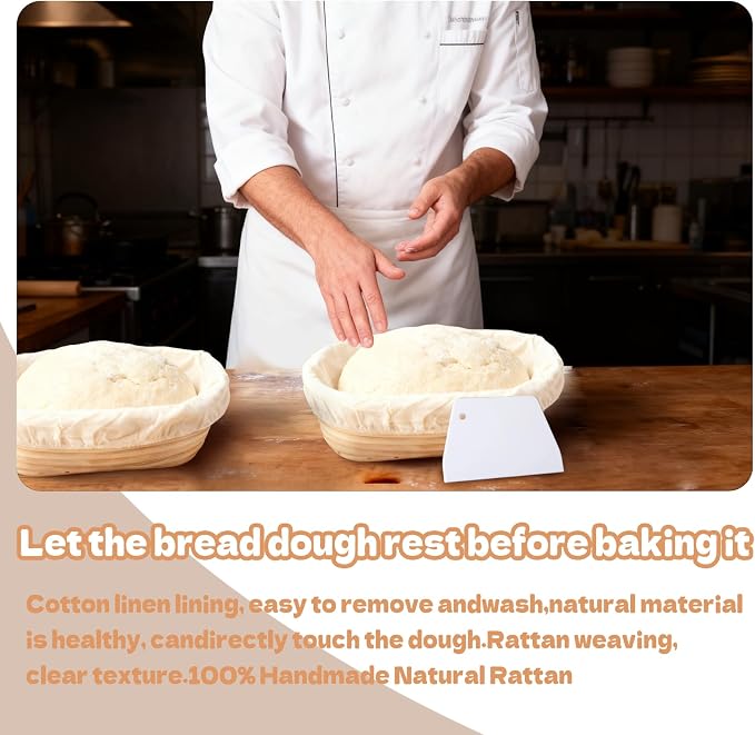 8 Sets Bread Proofing Baskets Bulk Banneton Bread Proofing Basket with Cloth Liners and Dough Scrapers Natural Rattan Banneton Sourdough Bowl Basket for Bakers(10 Inch) - Image 6
