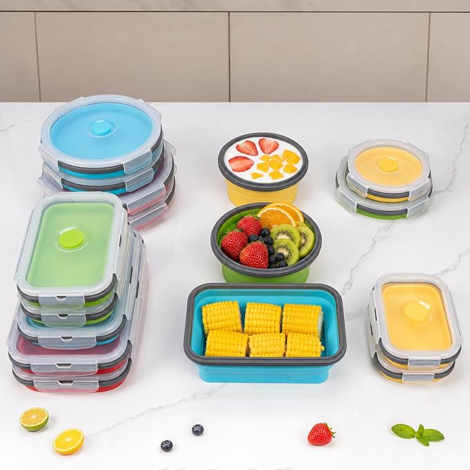 Collapsible Food Storage Containers with Lid & Air Vent, 16 Pack, 8 Rectangular + 8 Round, Annaklin Foldable Silicone Lunch Containers Collapsible Bowls Set, Microwave Freezer Dishwasher Safe, 4-Color - Image 5