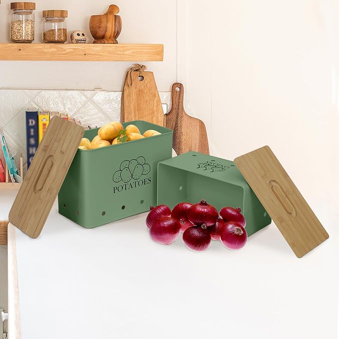 Potato and Onion Storage Bin Set of 2, Vented Metal Vegetable Storage with Wooden Lids, Farmhouse Kitchen Canisters for Countertop Pantry Organizer, Potato Bin Onion Holder for Produce Storage, Green - Image 4