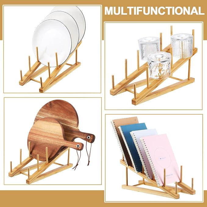 6 Pcs Wooden Bamboo Dish Drying Rack Kitchen Cabinet Organizer for Cabinet Cutting Board Display Stand for Dish Plate Bowl Water Bottles Cup Pot Lid Cutting Board - Image 4