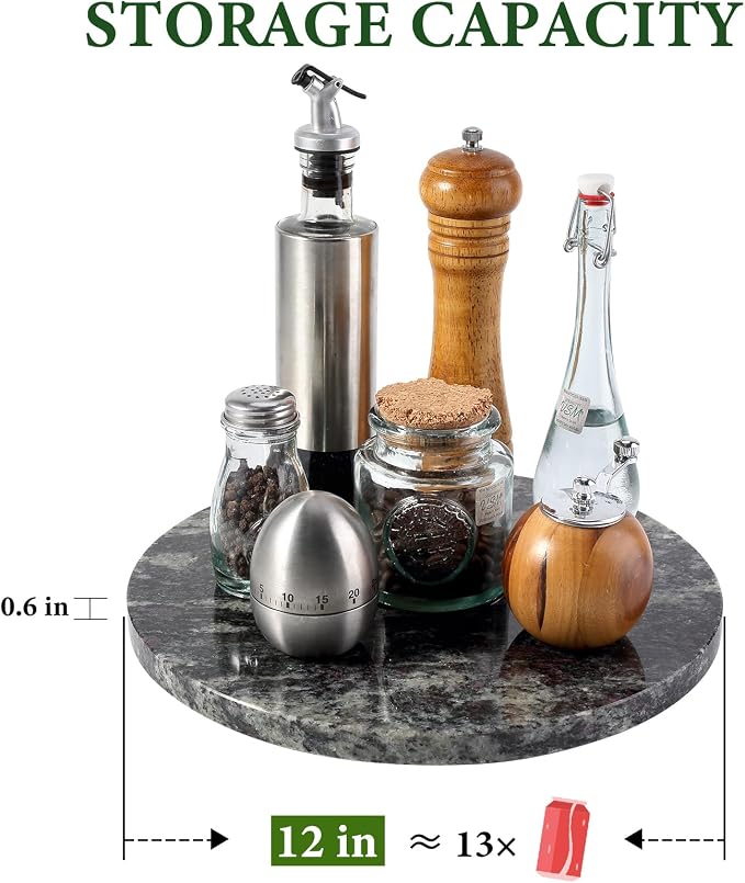 12'' Black Marble Lazy Susan for Dinning, Marble Turntable for Kitchen Counter, Lazy Susans Organizer for Cabinet, Serving Rotation Spinning Tabletop Organizer Swiveling, Spice Rack Storage - Image 3