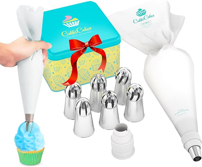 Professional Icing Tips Set (8pcs): Reusable Pastry Bag + 6 Sphere Russian Piping Tips, for Decorating Cupcakes & Cakes - Piping Nozzles Kit for Baking Supplies by CukkiCakes