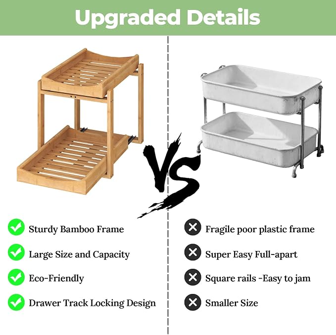 MHXW SXPN Bamboo Under Sink Organizer, 2 Pack Pull Out Cabinet Organizer | 2 Tier Vertical Smooth Slide Out Undersink Storage Shelf | Multi-Purpose Organizer Shelves for Kitchen Bathroom Medicine - Image 6