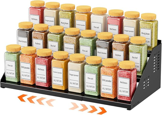 RCHYFEED 3 Tier Spice Rack Organizer for Cabinet,Expands 13.4 to 21.8 Inch | Black, Height Adjustable Metal Spice Rack, Display Shelf Ideal for Cabinet, Countertop and Pantry Spice Organization by RCHYFEED