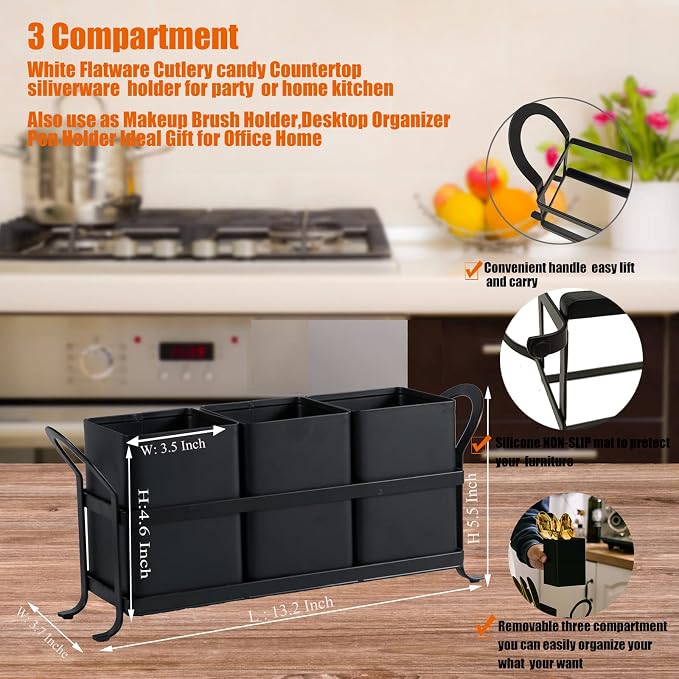 NelyBet Flatware, Cutlery,Kitchen Utensil & Silverware Caddy Organizer Bin Holder for Forks, Spoons, Knives - Perfect for Kitchen Countertop- Black - Image 2