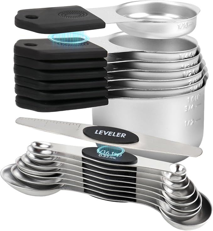 16-Piece Magnetic Measuring Cups and Spoons Set, Stainless Steel, Black | 7 Silicone-Grip Cups, 8 Metal Spoons, 1 Leveler, US and Metric Marks for Dry & Liquid Ingredients, Kitchen Essentials Gadgets by FONYA