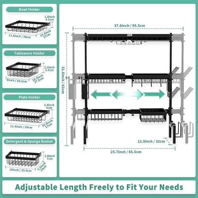 Over The Sink Dish Drying Rack,Expandable Length 3-Tier Large Stainless Steel Over The Sink Dish Rack with 6 Baskets, Utensil Holder Dish Drainers for Kitchen Counter | Stainless Steel, with 6 Baskets & Utensil Holder, for Kitchen Counter, Black - Image 4