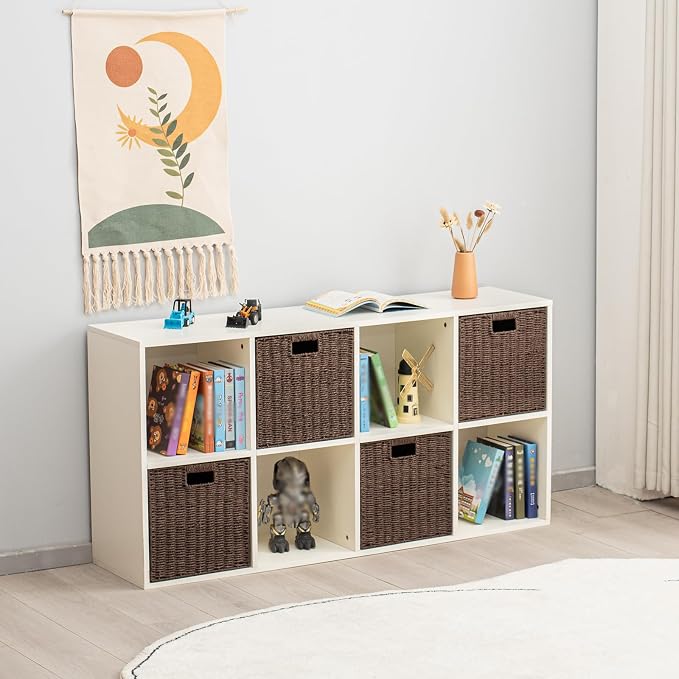 Handwoven Paper Woven Cube Basket Organizer with Handles set of 4 Foldable Storage baskets for Bedroom Living Room Cubby Storage Units for Clothes Books Toys (Brown, 13" L x 13" W x 13" H) - Image 5