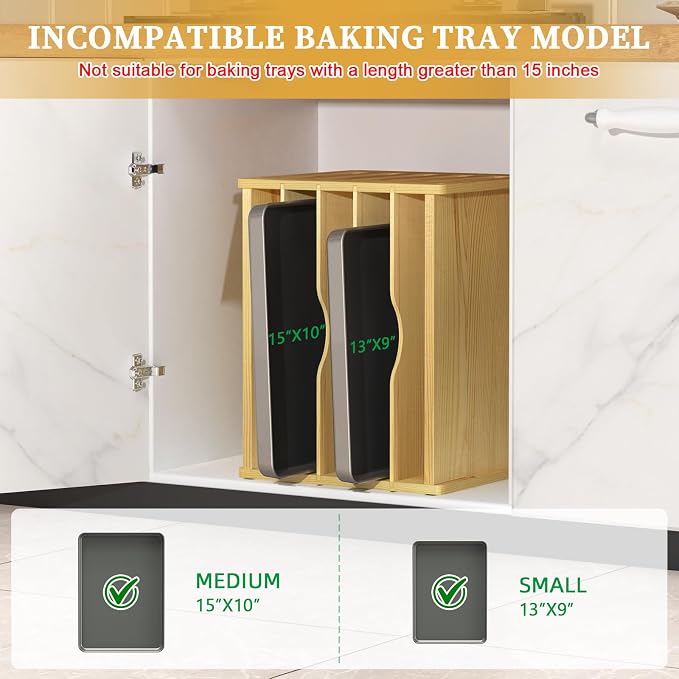 6 Tier Wood Tray Dividers for Cabinets, Cookie Sheet Organizer for Cabinet | Premium Wood, Multiple Sizes, Saving Space, Vertical Tray Dividers for Storing pans, Baking trays, Cutting Board - Image 4
