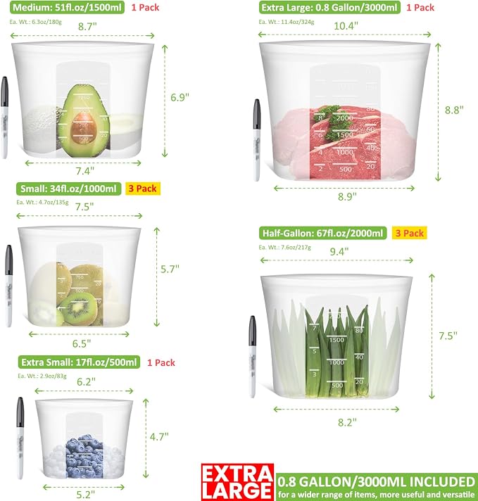 100% Silicone Reusable Storage Bag, 9 Pack Stand-Up Wide-Mouth Zip-Lock Food Storage Bags, Easy-Fill Easy-Open Easy-Clean Space-Saving, Microwave & Dishwasher Safe, 1 XL/3 L/1 M/3 S/1 XS, Translucent - Image 6