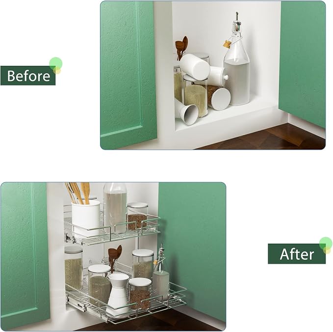 LOVMOR 2 Tier Individual Pull Out Cabinet Organizer 22½" W x 21½" D, Slide Out Kitchen Cabinet Storage Sliding Shelves - Image 6