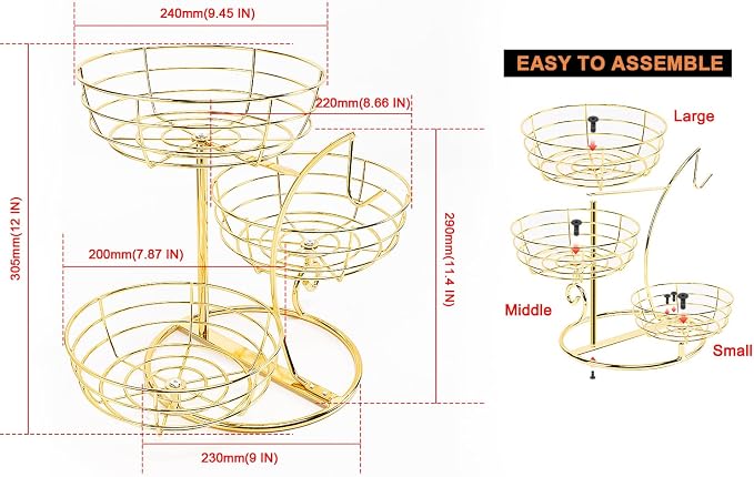 Livabber Fruit Basket Bowl with Banana Hanger, Fruit Vegetable Storage Basket with Banana Tree Holder for Kitchen Counter, Detachable Organizer for Bread Snack Produce (Gold, 3-Tier Metal Base) - Image 2