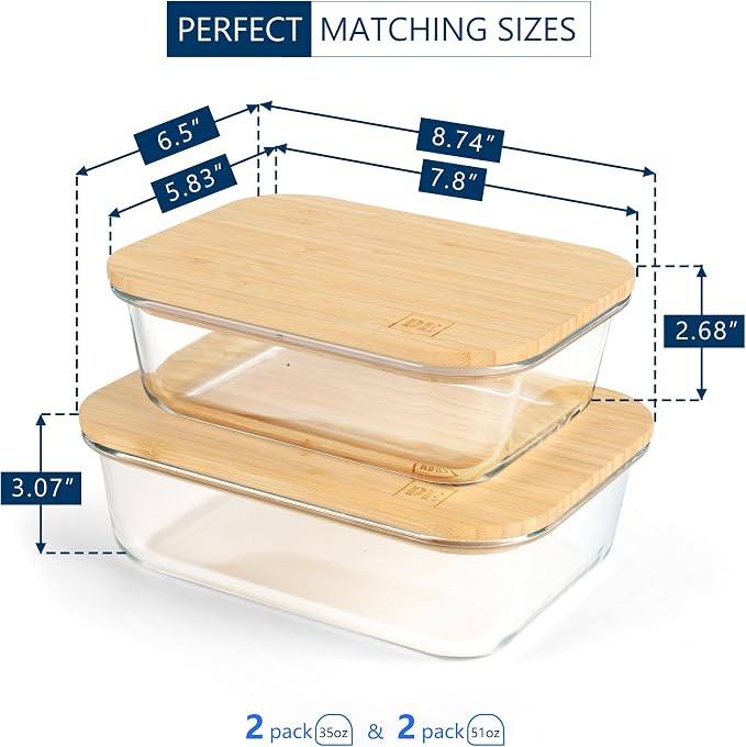DE Glass Food Storage Containers with Bamboo Lids, (4, Pack 2 x 35oz & 2 x 51oz) Pack Meal Prep Glass Containers Safe for Microwave, Oven, Freezer and Dishwasher, BPA Free - Image 2