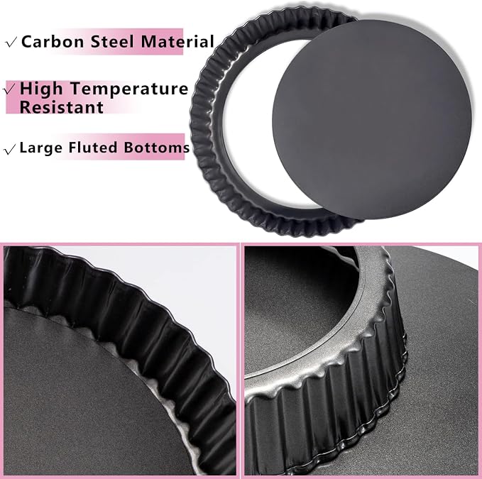 9 Inch Quiche Pan with Removable Bottom, 22cm Fluted Tart and Pie Flan Tins for Baking, Non-Stick Steel Quiche Dish for Pie, Mousse Cakes, Desserts - Image 3
