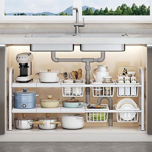 Under Sink Organizer，2 Tier Expandable Heavy Duty Metal Shelf，with 5 Removable Panels and 5 Storage Basket for Under Kitchen Bathroom Sink Organizers and Storage (White, X-Large) by Unknown