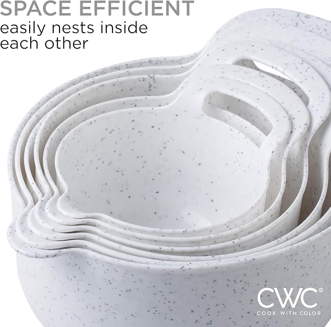 COOK WITH COLOR Nesting Plastic Mixing Bowl Set with Pour Spouts and Handles, Speckled White, 6 Piece Non-Slip - Image 5